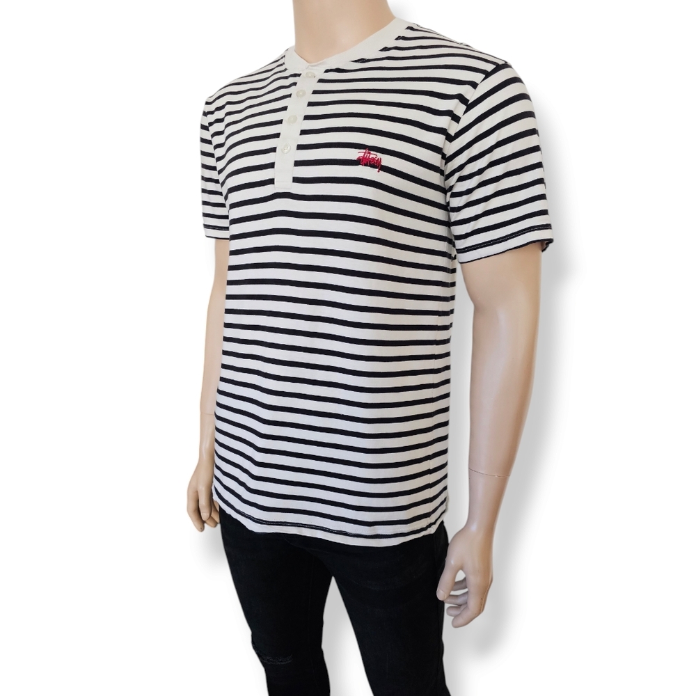 Stussy Black & White Striped Henley Shirt Size Large - Picture 3 of 8